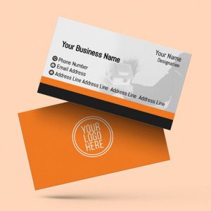 property dealer/real estate visiting card design images background with free template download with latest ideas format model orange colour, Background gray colour, black text color