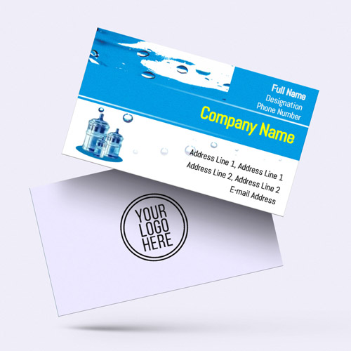 Mineral water visiting card with blue ground & an image of a glass of water.
