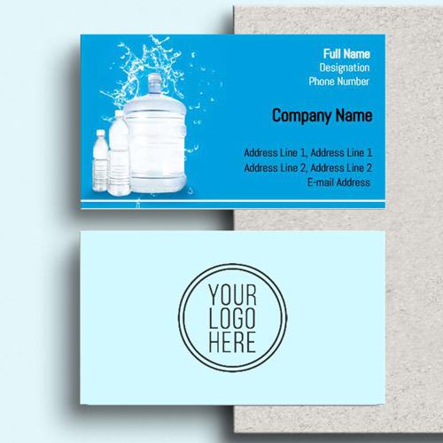 In this visiting card design, blue, dark blue coloring are used profusely  throughout with a 20-25 liter bottles embedded in between to make the card  unique.