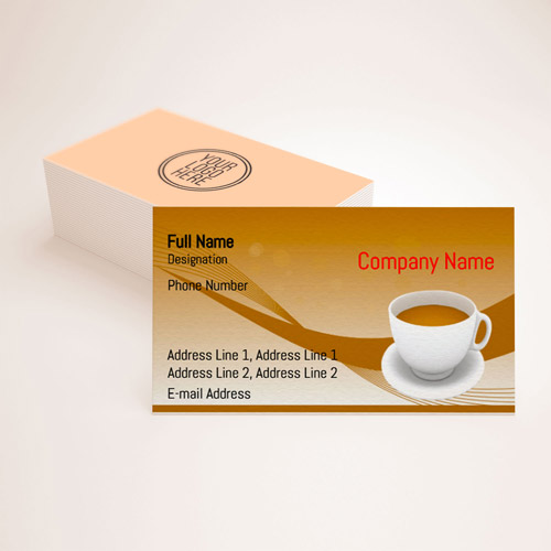 Very creatively designed visiting card for tea shop in brown background  with tea drinking place & tea saucer image & greenery surrounding.