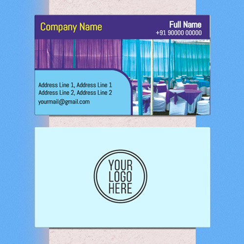 Visiting card in pretty design & look for tent house services in purple &  yellow background with image of tent.