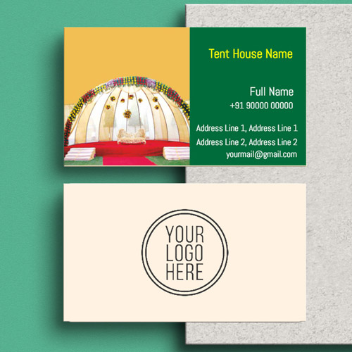 Very beautifully designed visiting card in dark forest green & light sky  blue background with full site of tent houses image. Completely ready  template, you can put your contact details.
