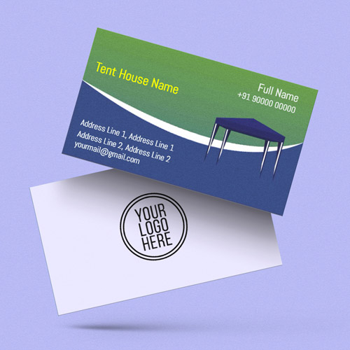 In this visiting card, gives complete picture of tent house & interior  arrangement with blue & cream color background and makes it effective.