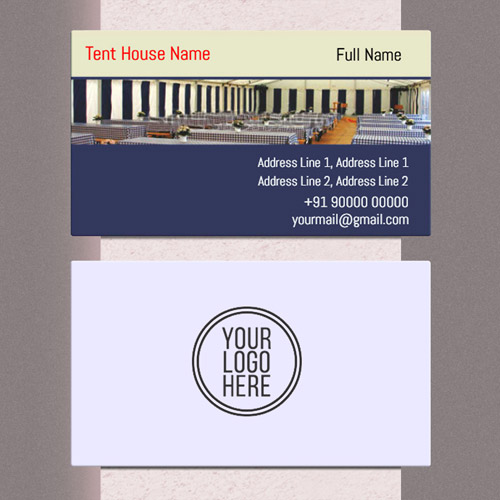 Very decently designed visiting card for tent house shop in green, white &  white mixed background with a symbol of tent house.