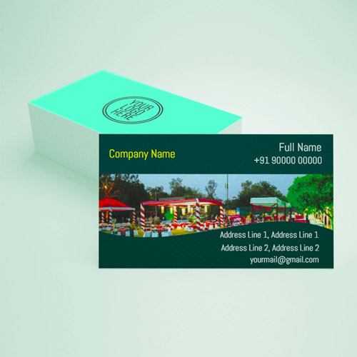 Visiting card with good design & light yellow & green background with  beautiful inside picture of tent stage decoration.